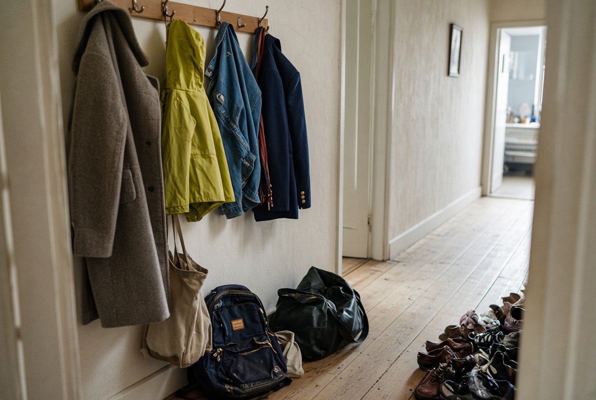 Coats, bags and shoes by the front door