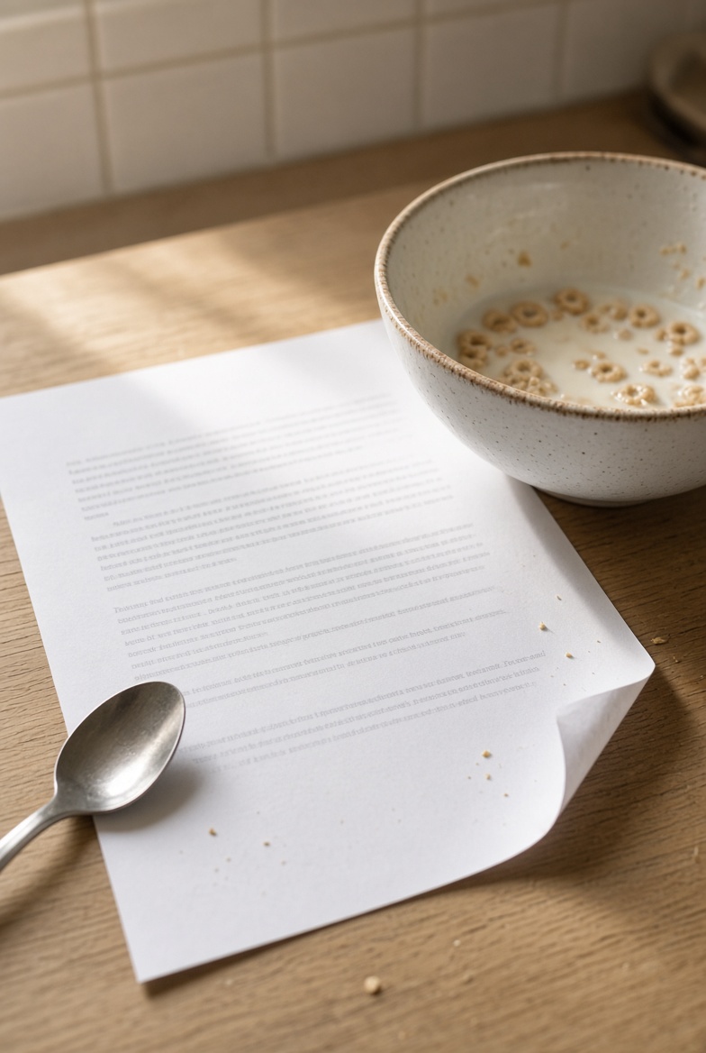 A printed letter on a kitchen worktop