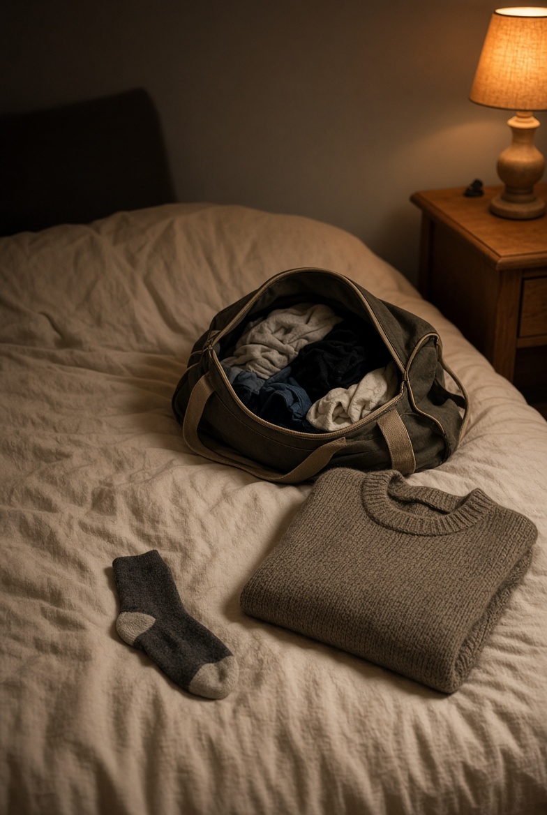 A half-packed bag on a bed under lamplight