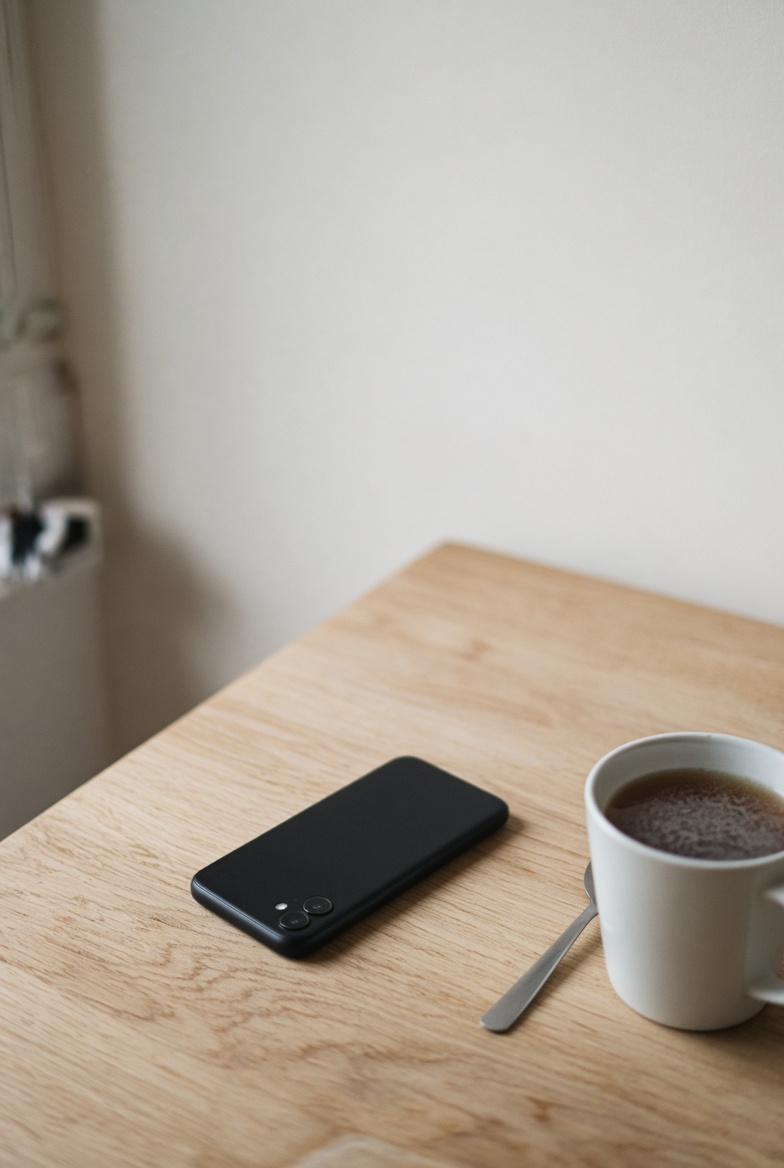 A phone face down on a table beside a cup